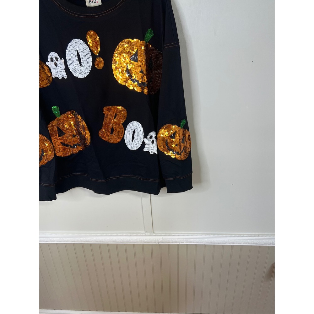 BIBI Womens Halloween Sequin Boo Pumpkin Ghost Sweatshirt Black Large New - Picture 12 of 13